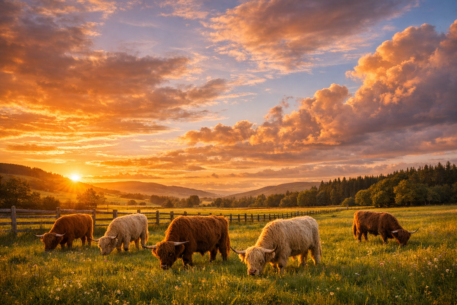 Highland cattle at sunset on the farm